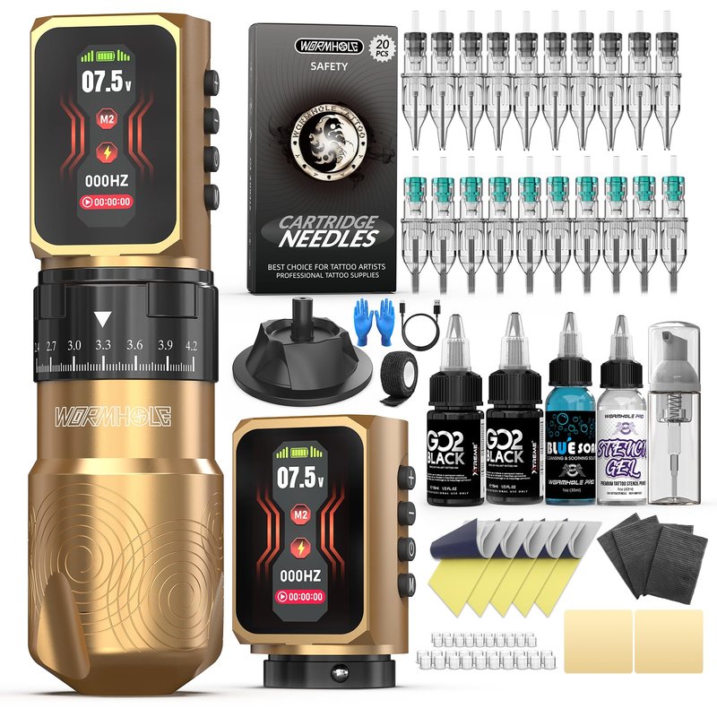 Wormhole 2 PCS 2300mAh Batteries Tattoo Gun Kit Wireless Tattoo Machine Kit – 7 Adjustable Stroke, Smart Display with 3 Memory Slots, 3 Working Modes,2 Xtreme Tattoo Ink for Artists WTK0232