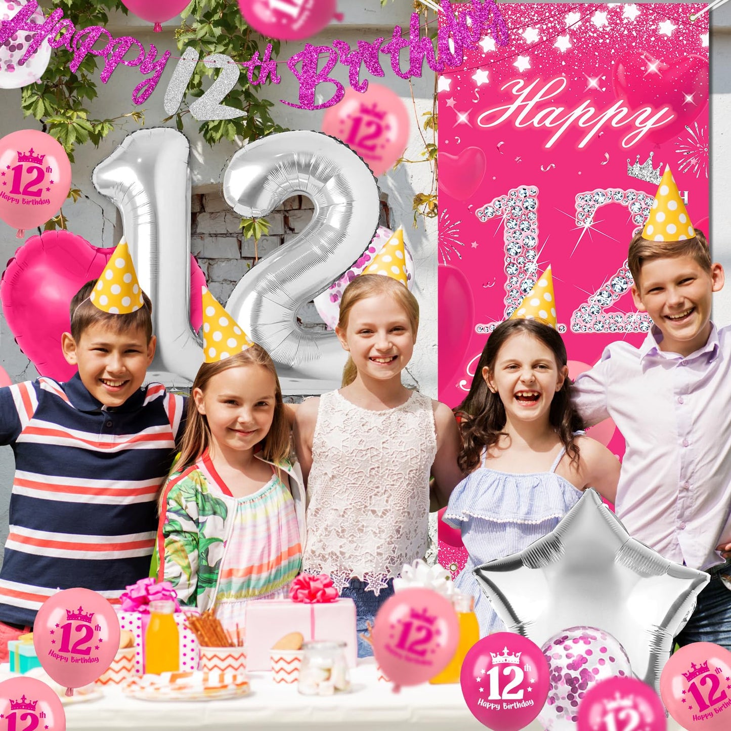 TSVATE 12th Birthday Decorations for Girls, Daughter, Pink 12 Year Old Girl Birthday Decorations, Happy 12th Birthday Banner, Backdrop, Yard, Door, Wall, Number 12 Balloon, Pompoms, Star Garland