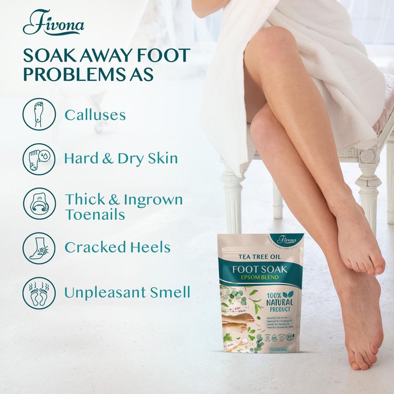 Fivona Tea Tree Foot Soak Blend 14.1 oz - Epsom Salt with Essential Oils for Healthy Toenails, Soothing Relief, Callus Softening - Pedicure Therapy for Soft, Rejuvenated Feet