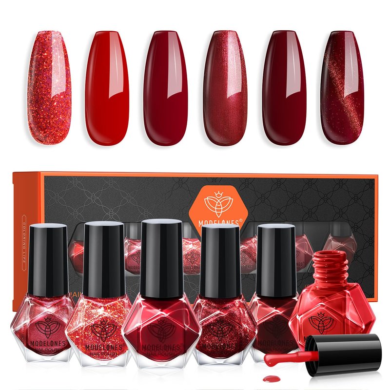 Red Nail Polish Set - 6 Colors Cat Eye Glitter Mini Quick Dry Lacquer Kit | Magnetic Sparkle DIY Nail Art Gift for Women & Girls