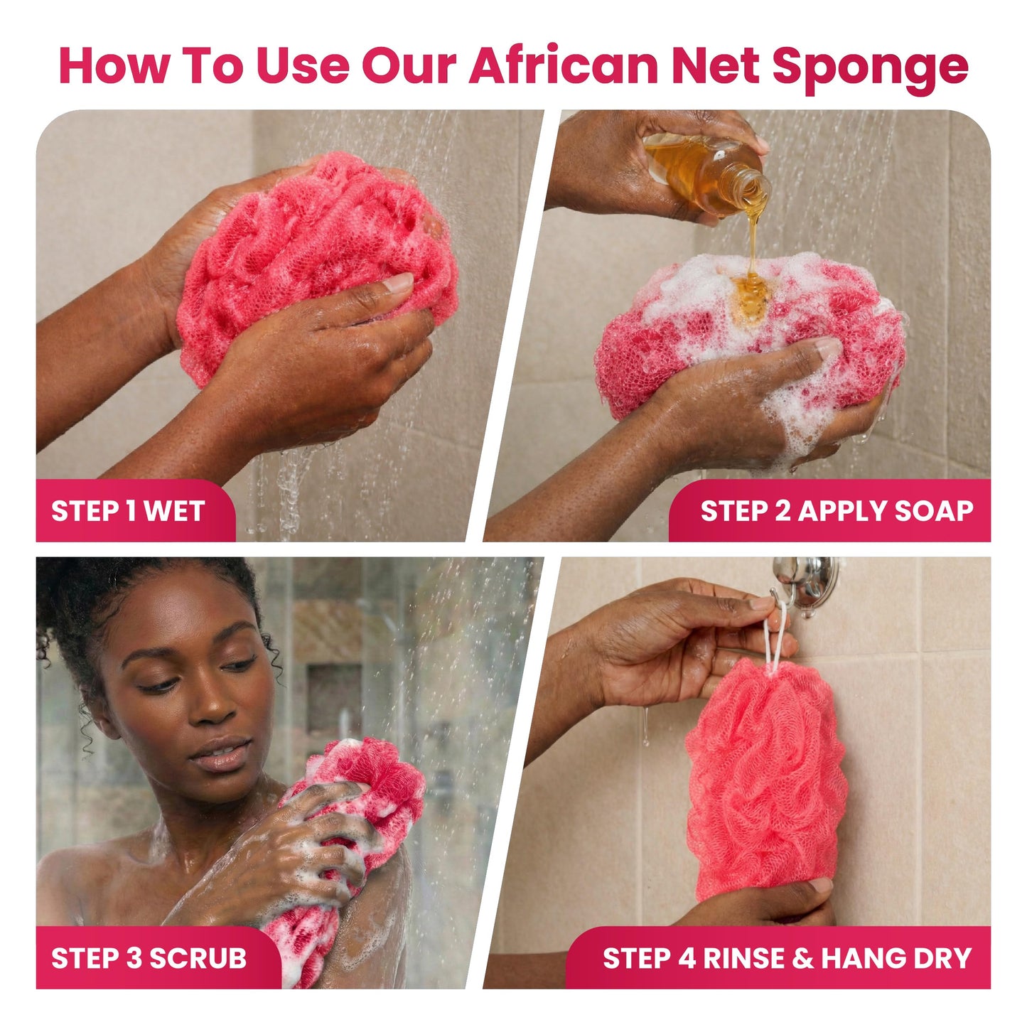 African Net Sponge Authentic (Sapo/Kessa), African Exfoliating Sponge Real African Net Black Owned, African Bath Sponge Back Scrubber, Body Exfoliator Shower Bath Accessories (Cold Pink)