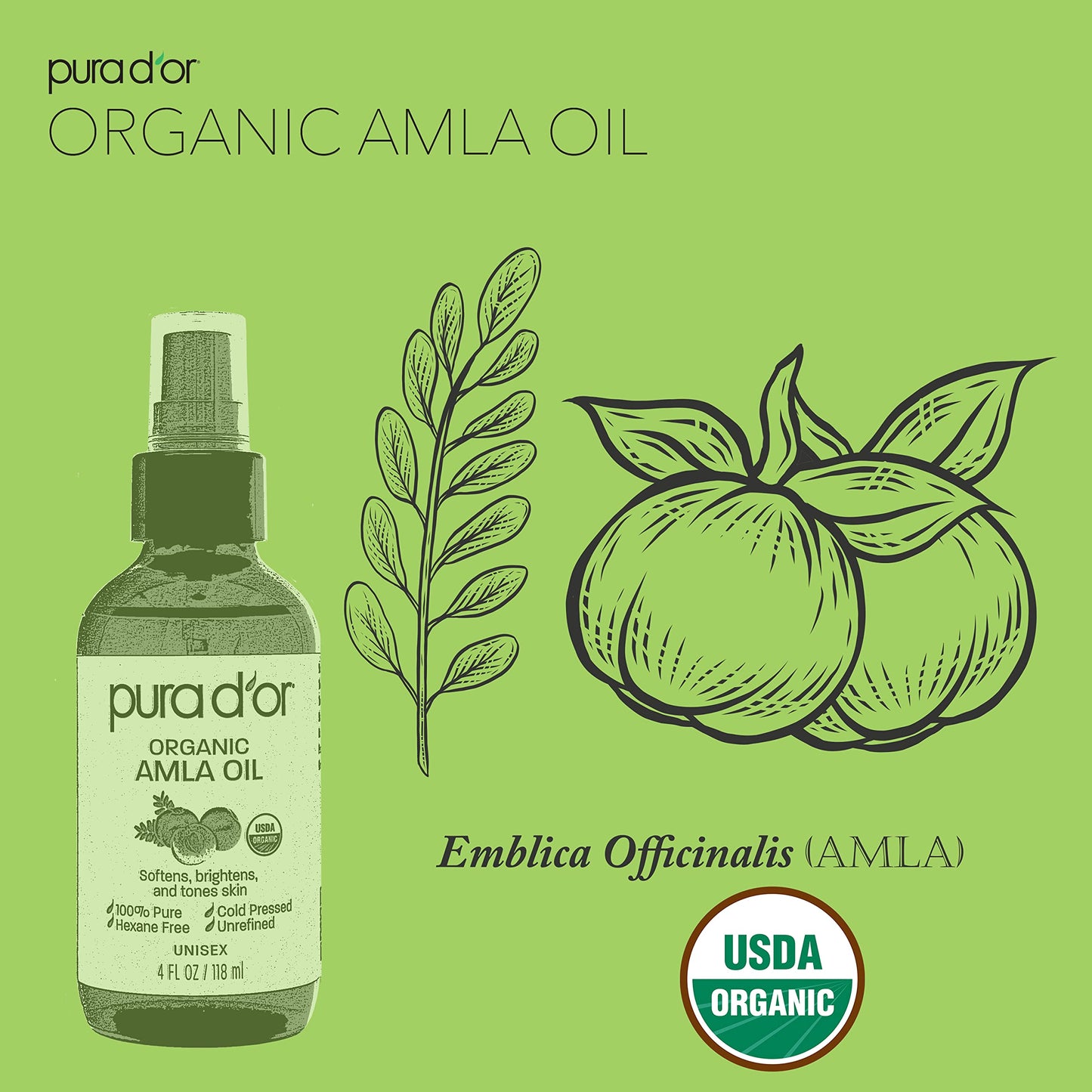PURA D'OR 4 Oz ORGANIC Amla Oil, 100% Pure USDA Certified Premium Grade, Cold Pressed, Unrefined, Extra Virgin, Hair Serum & Thickening Hair Product w/Pump for Women & Men, Ayurvedic Skin Care