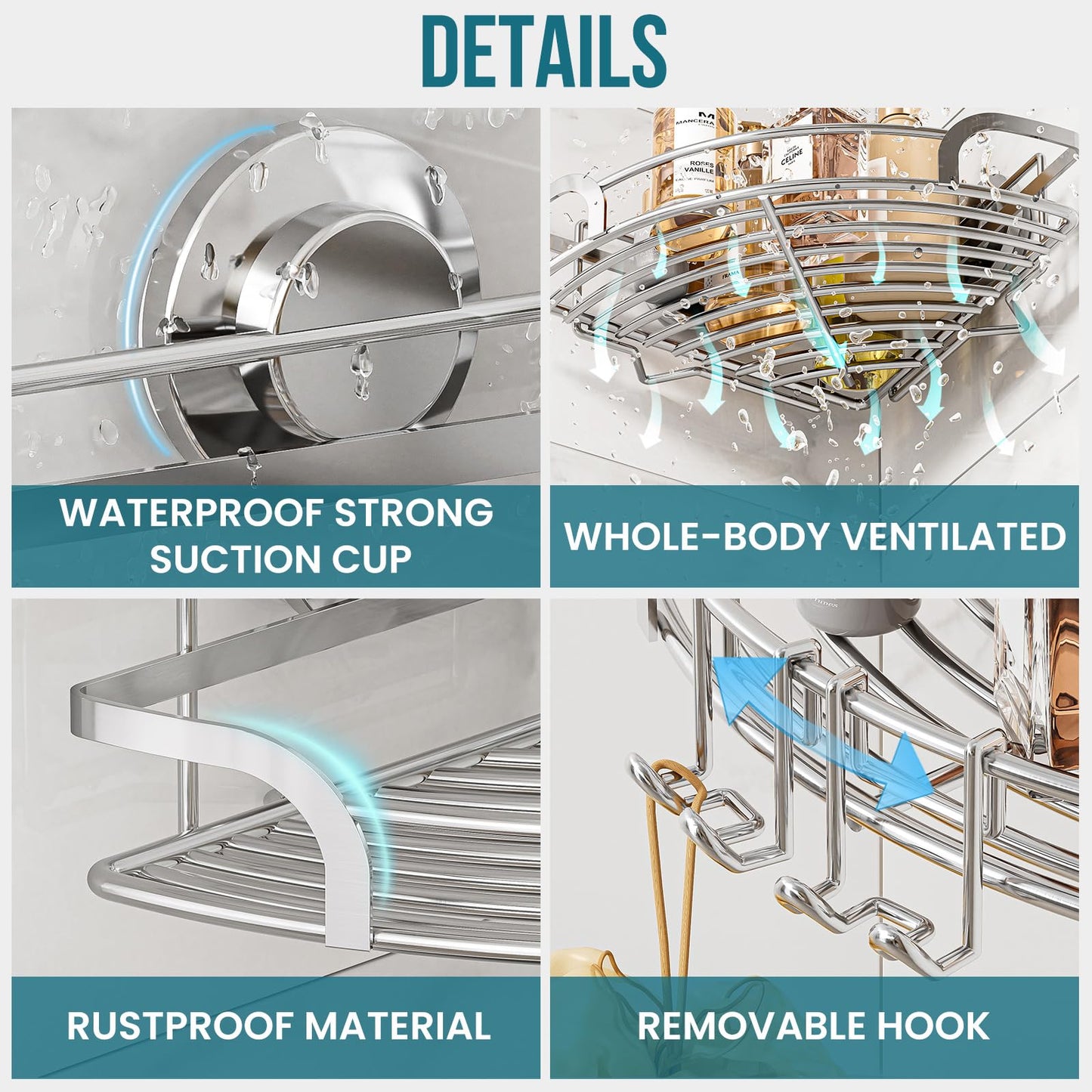 TAILI 2 Pack Powerful Suction Cup Corner Shower Caddy, Stainless Steel Rustproof Shower Shelf with Hook, Drill-Free Wall Mounted Basket, Large Capacity Removable Suction Cup Bathroom Organizer, Silver