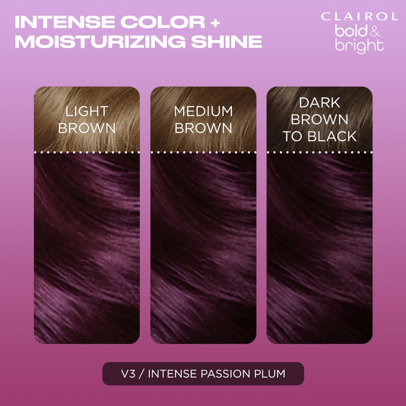 Clairol Bold & Bright Permanent Hair Dye, V3 Intense Passion Plum Hair Color | Intense Vibrancy + Moisturizing Shine | Includes Color Boost Glaze to Amplify Color Anytime | Pack of 1