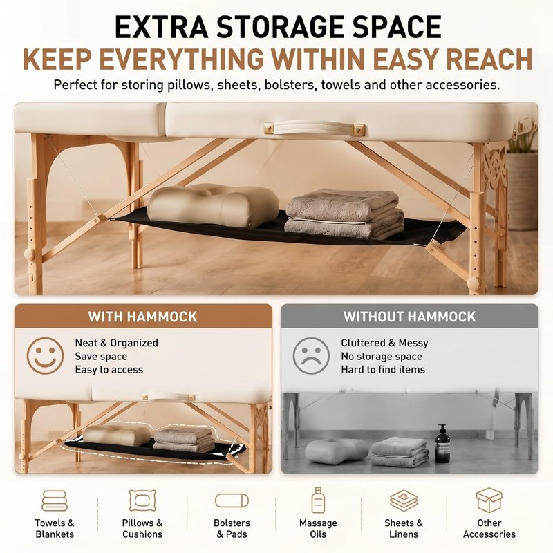 AceOrbit 2 Pcs Massage Table Hammock Accessories Organizer Under Massage Table Desk Storage Shelf for Pillow Sheet Bolster and Accessories, Creates More Space(38.8 x 20.3 Inch,Hook & Loop Fastener)