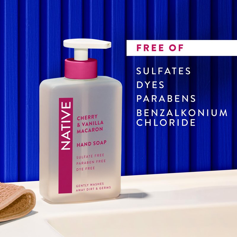 Native Liquid Hand Soap, Cherry & Vanilla Macaron Scent, Non-Drying Formula for Soft, Smooth Hands, Made with Plant-Based Cleansers, Sulfate & Paraben Free, 13 oz Bottle