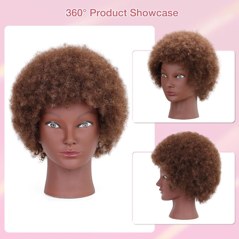Afro Curly Mannequin Head - 100% Human Hair 10'' Cosmetology Doll for Braiding & Hairstyling | Brown