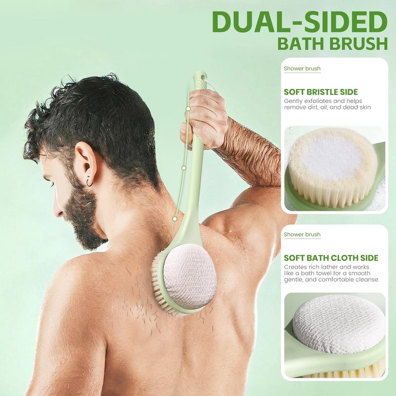 CYMPHW Back Scrubber for Shower with Long Handle, Dual-Sided Bath Brush with Soft Bristles & 150D Exfoliating Cloth, Anti-Slip Grip, Lightweight Back Washer for Shower, Men & Women (Green)