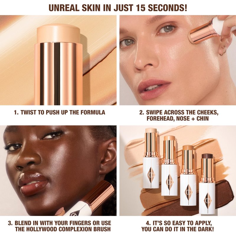Charlotte Tilbury Unreal Skin Tint & Sheer Glow Hydrating Foundation Stick - Cream Foundation Makeup with Sheer-to-Light Coverage & a Buildable Formula - Blurring, Smoothing & Nourishing - 4 Fair