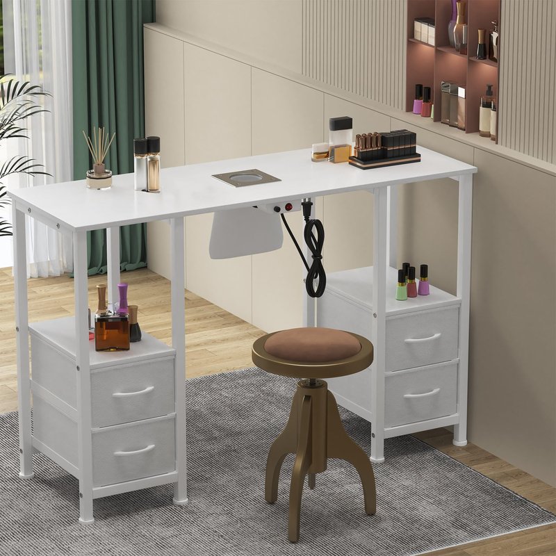 Manicure Table for Nail Tech, Nail Tech Table Station w/4 Storage Drawers & 2 Open Shelves, Nail Table w/Dust Collector for Beauty Salon Tech Station (White)