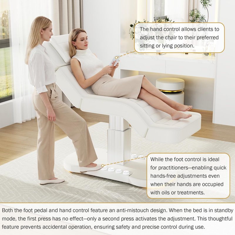 Professional Electric Spa Table/Chair with LED Light, 3 Motor Height Adjustment, Backrest, Leg Support Angle Adjustable for Massage, Facial, Medical, Tattoo, Waxing, Beauty Salon and More - White