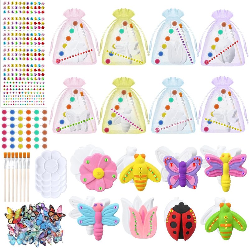 Gersoniel 24 Set Spring Theme DIY Plaster Paint Your Own Figurines Art and Craft Set Fairy Party Favors Painting Statues Kits with Brushes Palette Butterfly Sticker Organza Bag for Art Activity Supply