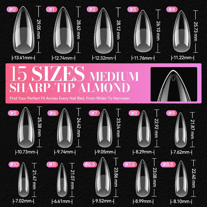 Medium Stiletto Almond Nail Tips - 504 PCS Pre-Etched Clear False Nails | 15 Sizes Full Cover Soft Acrylic Extensions