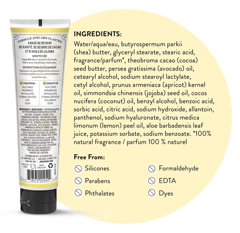J.R. Watkins Natural Moisturizing Hand Cream, Hydrating Hand Moisturizer with Shea Butter, Cocoa Butter, and Avocado Oil, USA Made and Cruelty Free, 3.3oz, Lemon Cream, Single