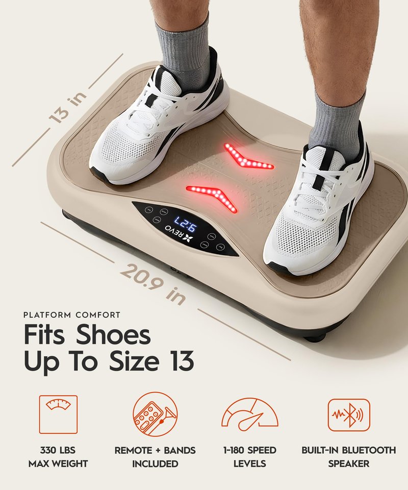 REVO Wave Board with Red Light Therapy | Vibration Plate for Lymphatic Drainage with Bluetooth Speakers, Resistance Bands, Remote | Exercise Machine for Full Body Workout Platform | 330 Lbs Capacity