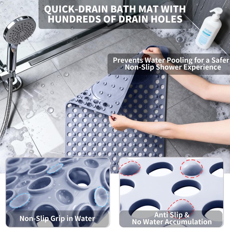 Merleu Bath Tub Shower Mat with Soft Shower Foot Scrubber Mat for Massage,Non Slip Bathtub Mat with Strong Suction Cups, Silicone Shower Foot Scrubber Mat (Dusty Blue, 31.5" X 19.7"(Rectangular))