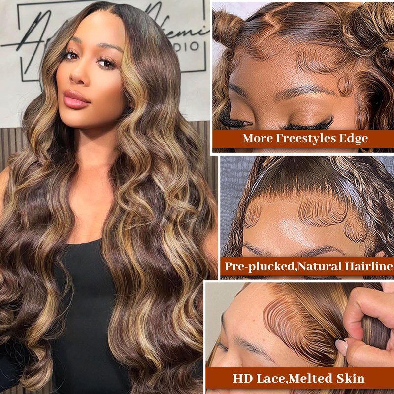 Hepnok 30 Inch Highlight Ombre Lace Front Wig Human Hair Honey Blonde Body Wave 13x6 HD Lace Front Wigs Human Hair Pre Plucked 200 Density Brown 4/27 Colored Lace Frontal Glueless Wigs for Women
