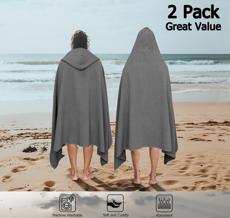 COTTON CRAFT Hooded Bath Towel – 2 Pack Oversized 35x70 Waffle Weave Towel with Hood for Adults - 100% Ringspun Cotton Pool Bath Sheet Wrap with Hood - Soft Super Absorbent Quick Dry – 450 GSM – Grey