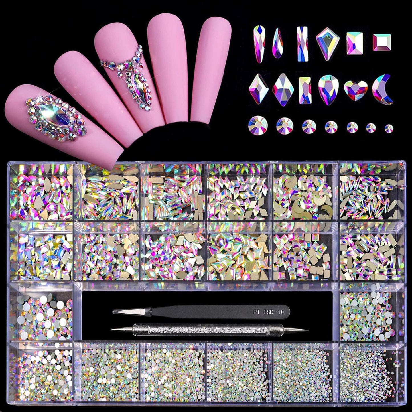 Yzzseven 600 Crystal AB Diamonds & 2500 Flat Rhinestones Set | 12 Types for DIY Crafts & 3D Ornaments