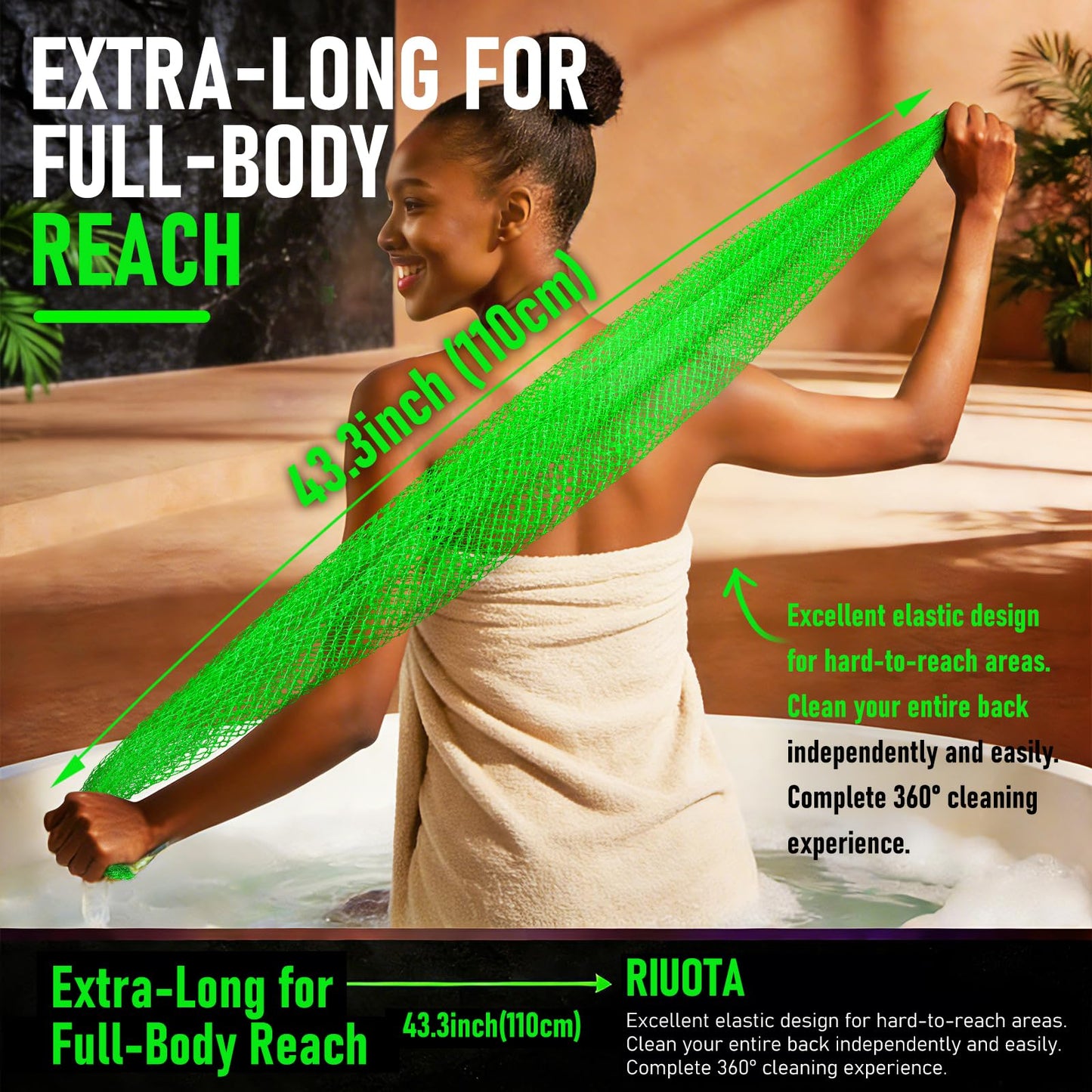 RIUOTA Authentic African Net Sponge, 2 Pack Exfoliating Body Scrubber & Back Scrubber, Gentle Deep Cleansing for Shower, for Men & Women (Black & Green)