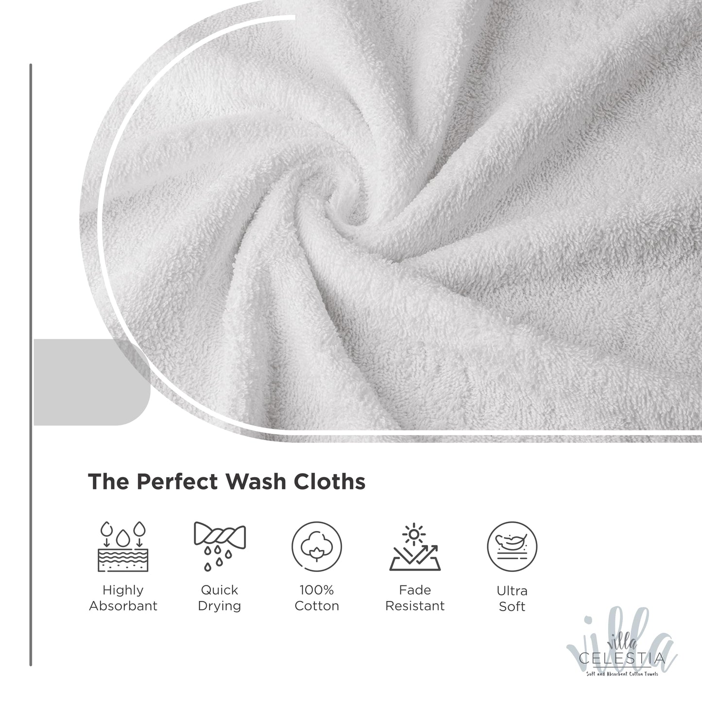 Villa Celestia Cotton Washcloths Set of 6, 12x12 Inch, 100% Ring-Spun Combed Cotton, Soft Absorbent Quick-Dry Wash Cloths for Face and Body, Oeko-TEX Certified, Hotel & Spa Quality, White
