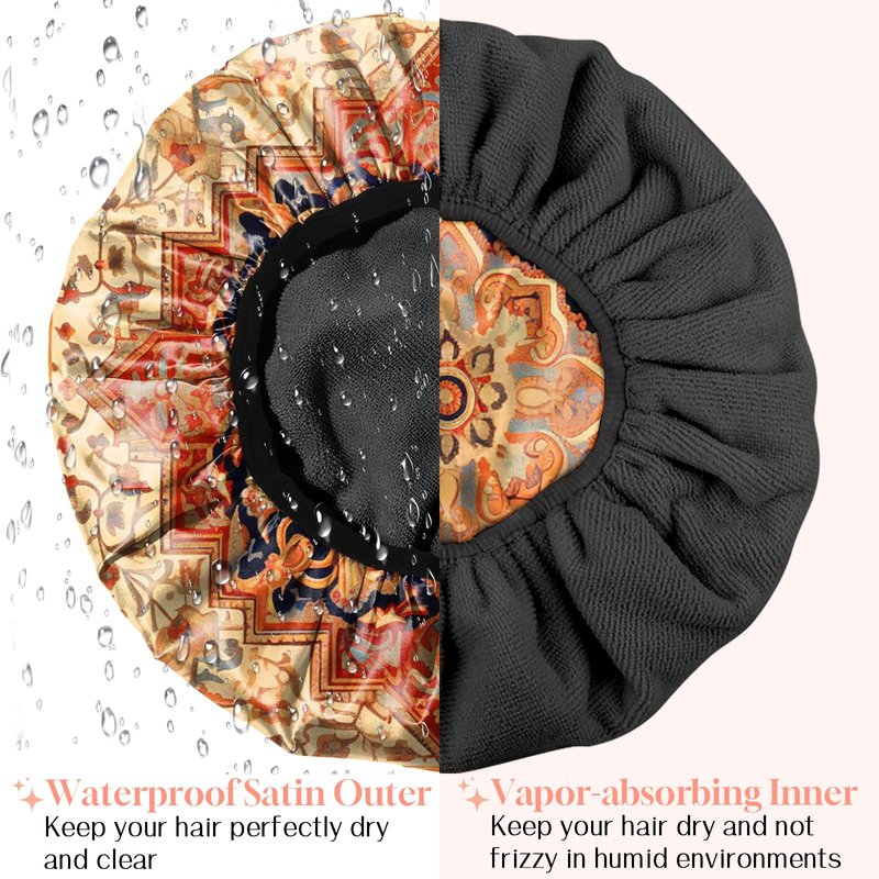 BHAHB Luxury Shower Cap Reusable Terry Cloth Lined EVA Triple Waterproof Layer Elastic Hair Bath Caps for Women Girls Cute-Boho 2