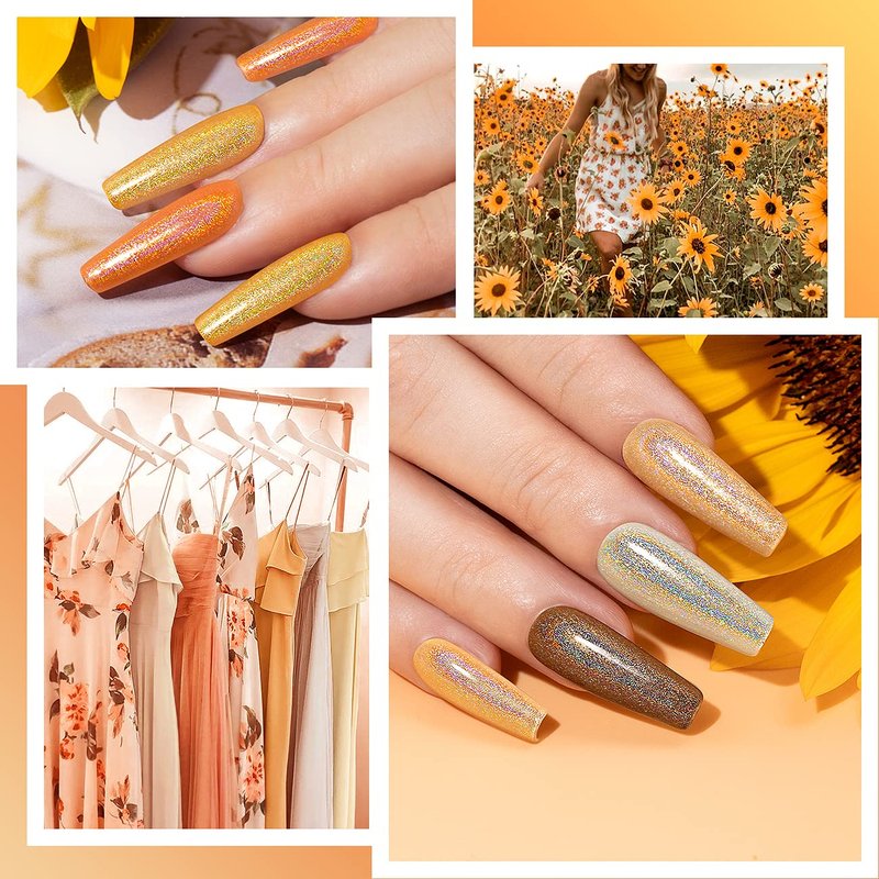 Holographic Gel Nail Polish Set - Sunflower Collection | 6PCS UV LED Soak Off Orange Yellow Colors 7.5ML