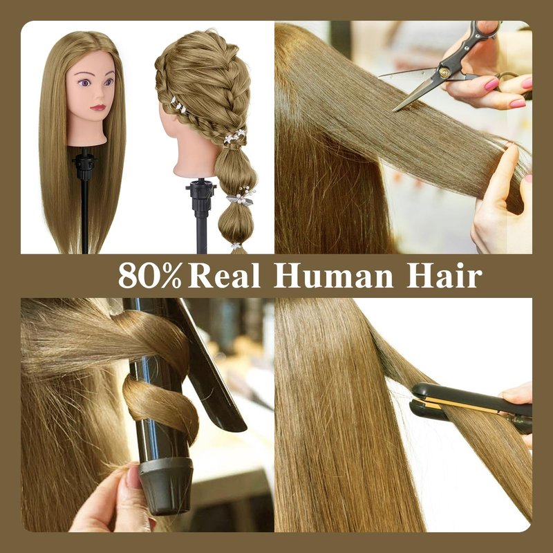 28" Mannequin Head Human Hair, 80% Real Hair Mannequin Head, Cosmetology Manikin Doll Head for Hair Styling Set #27, Training Practice Braiding Head with Table Clamp Suitable for Hair Extensions