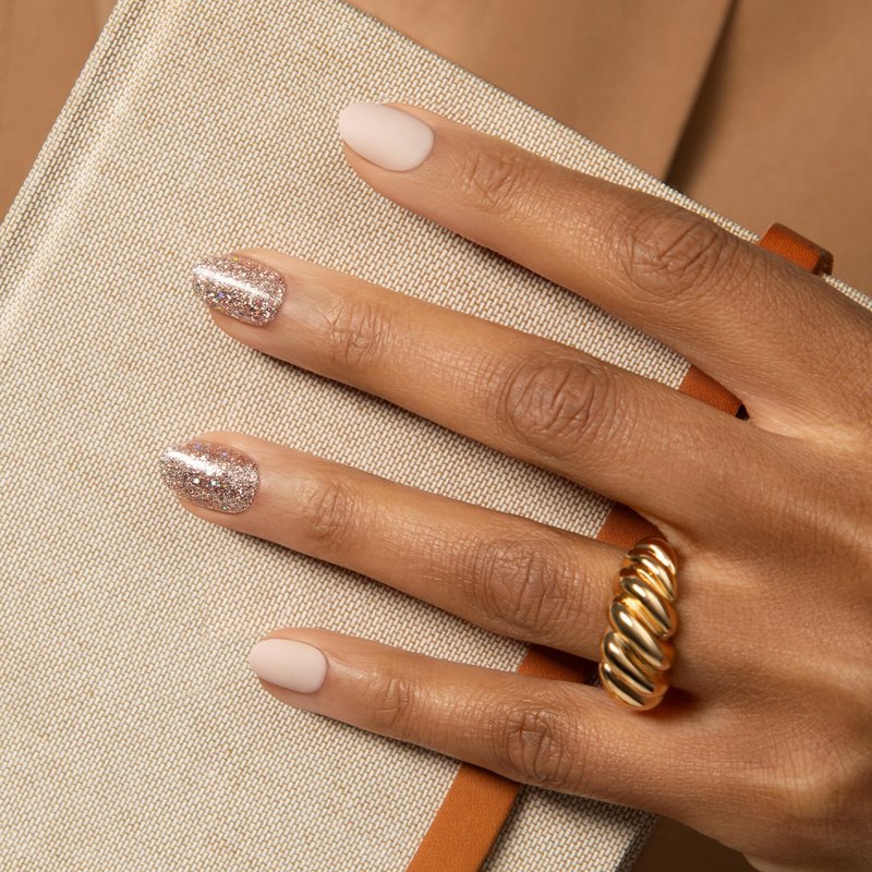 Kiss Impress No Glue Mani Press On Nails, Design, 'Evanesce', Beige, Short Size, Oval Shape, Includes 30 Nails, Prep Pad, Instructions Sheet, 1 Manicure Stick, 1 Mini File
