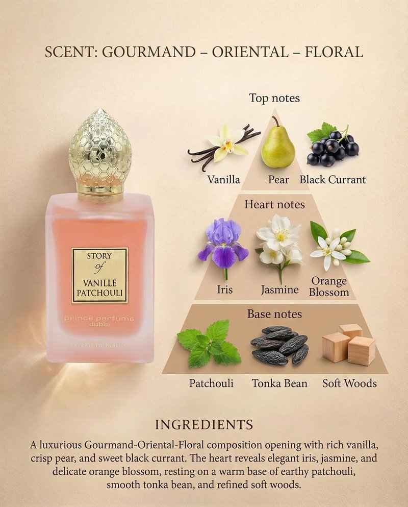 Prince Parfums Dubai | Story of Vanille Patchouli Extrait de Parfum - Alluring Floral Blend of Vanilla & Tonka Bean - 3.4 Oz
