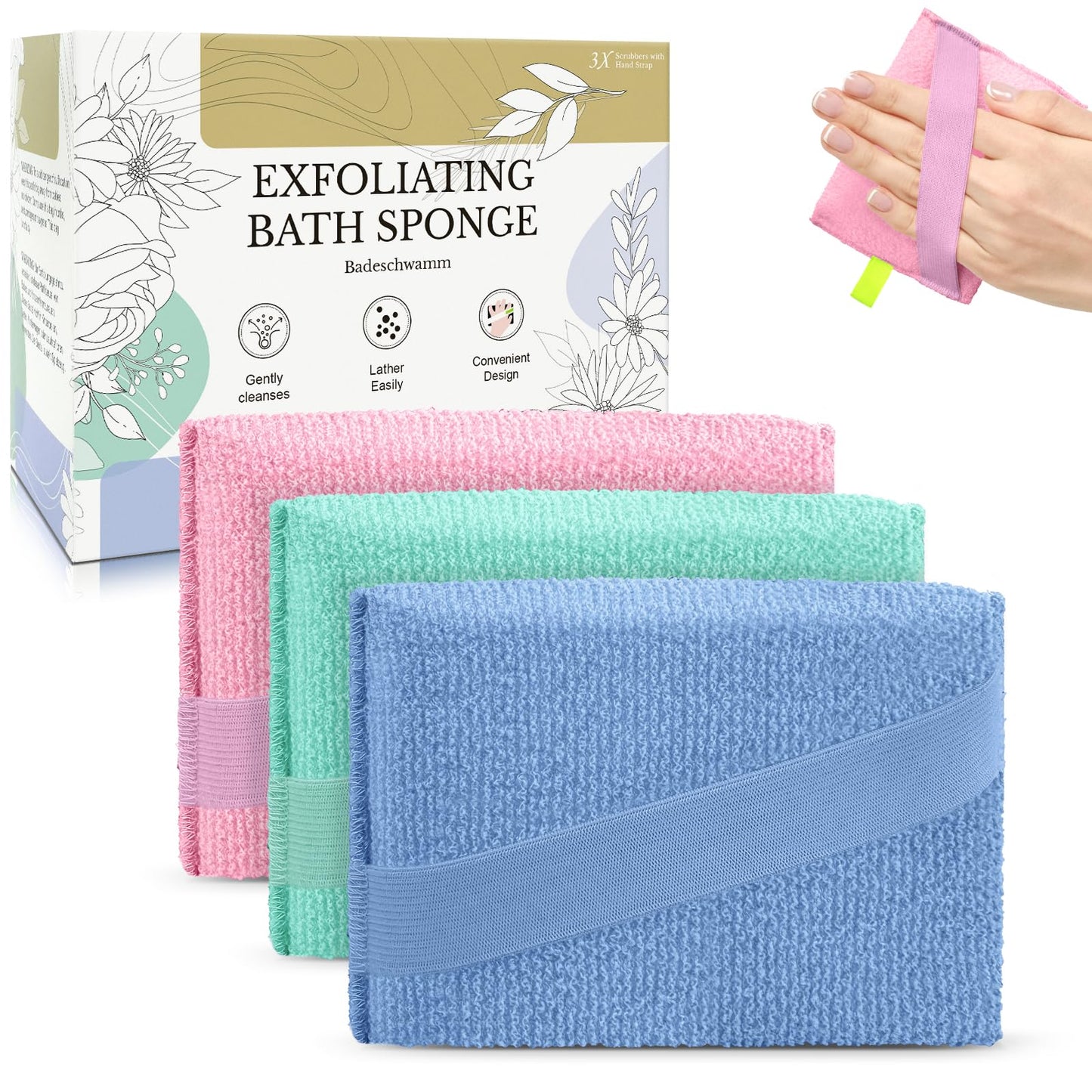 MIG4U Exfoliating Body Scrubber Sponge Exfoliate Dead Skin Bath Sponge for Shower, Luxury Foaming Skin Scrubber for Women Men, 3 Pack Macaroon