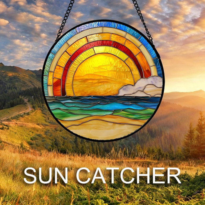 QZQCBLC Stained Glass Window Hanging Rainbow Beach Sunrise Scenery 6.3" - Waves Suncatcher Door Garden Sun Catcher Home Decor Birthday Christmas for Mom Men Woman Friends