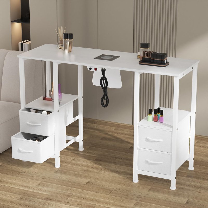 Manicure Table for Nail Tech, Nail Tech Table Station w/4 Storage Drawers & 2 Open Shelves, Nail Table w/Dust Collector for Beauty Salon Tech Station (White)