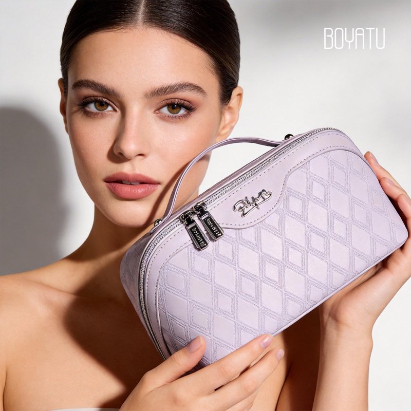 BOYATU Travel Makeup Bag for Women: Large Capacity 3-Piece Quilted Cosmetic & Toiletry Organizer - 2 Detachable Pouches Expand Storage by 50%, Open Flat for Easy Packing, Waterproof PU Leather(Purple)