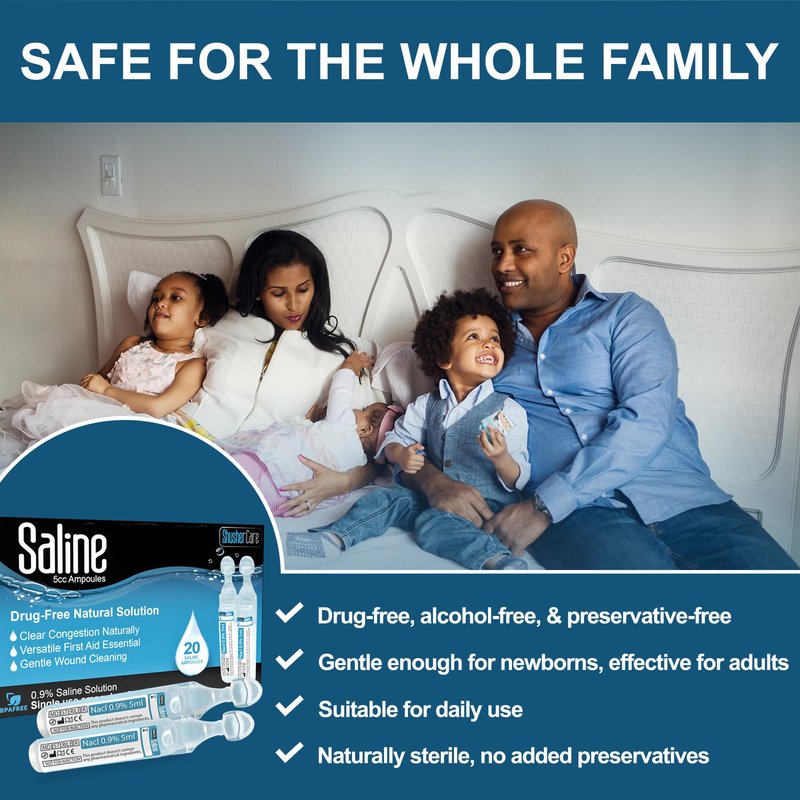 Shusher Care Saline Ampoules - Saline Solution, Sodium Chloride 0.9%, Nasal Cleanse for Babies, Kids, & Adults, Sterile Nasal Care, Wound Cleansing - 20 Count (5ml Each)