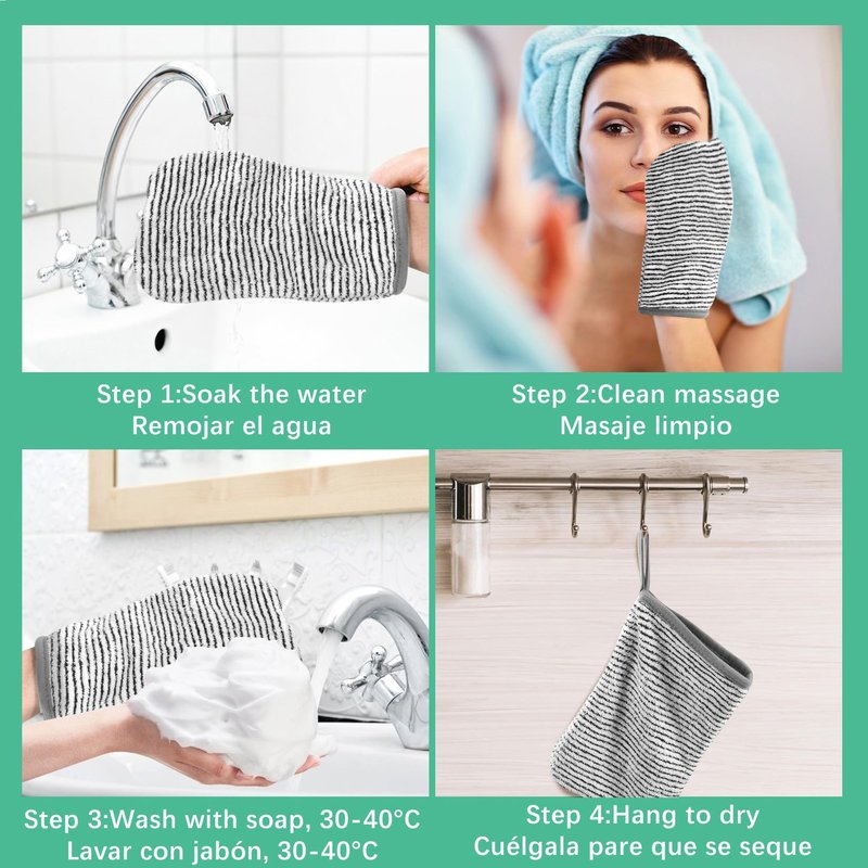 PHOGARY 8 Pack Microfiber Wash Mitts for Face Body, Soft Face Shower Bath Mitt Coral Fleece Washcloths, Reusable Makeup Remover Washcloths, European Style Towel, Grey Striped,7.8X 5.1in