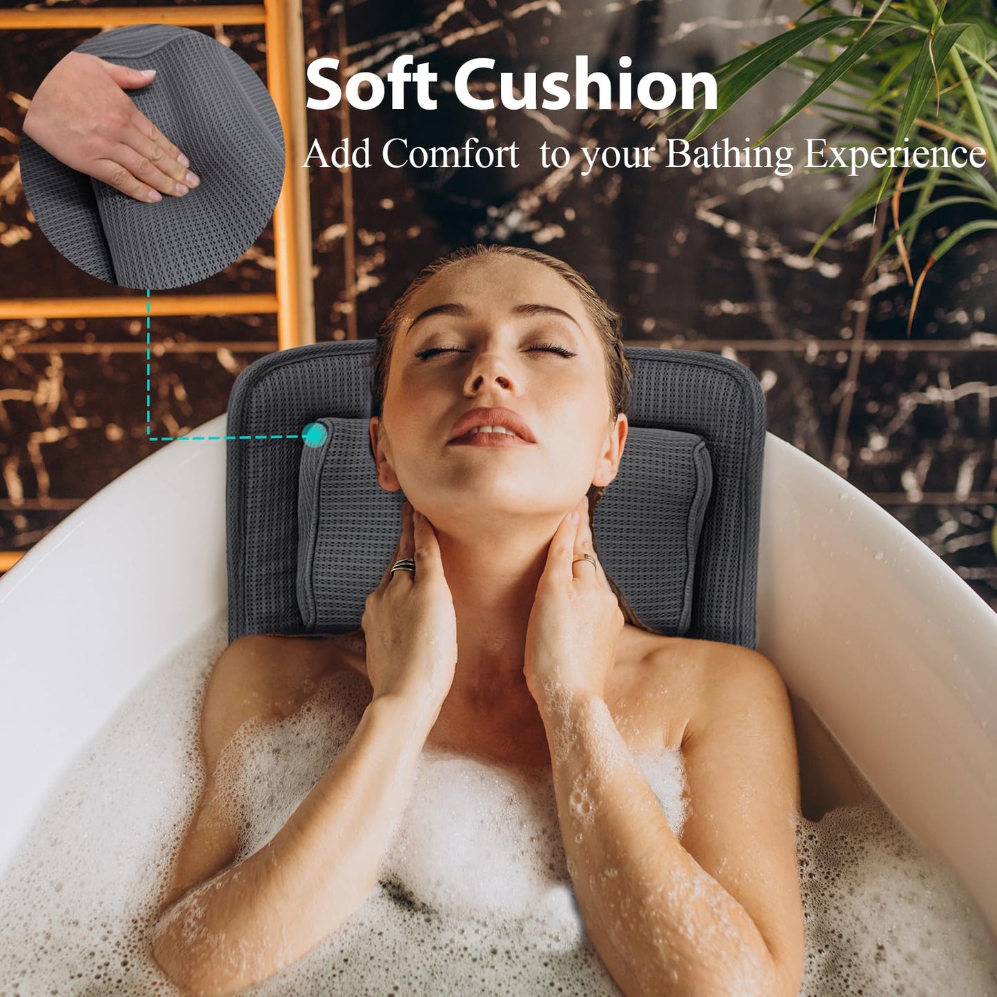 AEROiVi Bath Pillows for Tub Neck and Back Support, Bathtub Pillow with Headrest Cushion, 6 Non Slip Suction Cups Spa Relaxing Bathroom Accessories