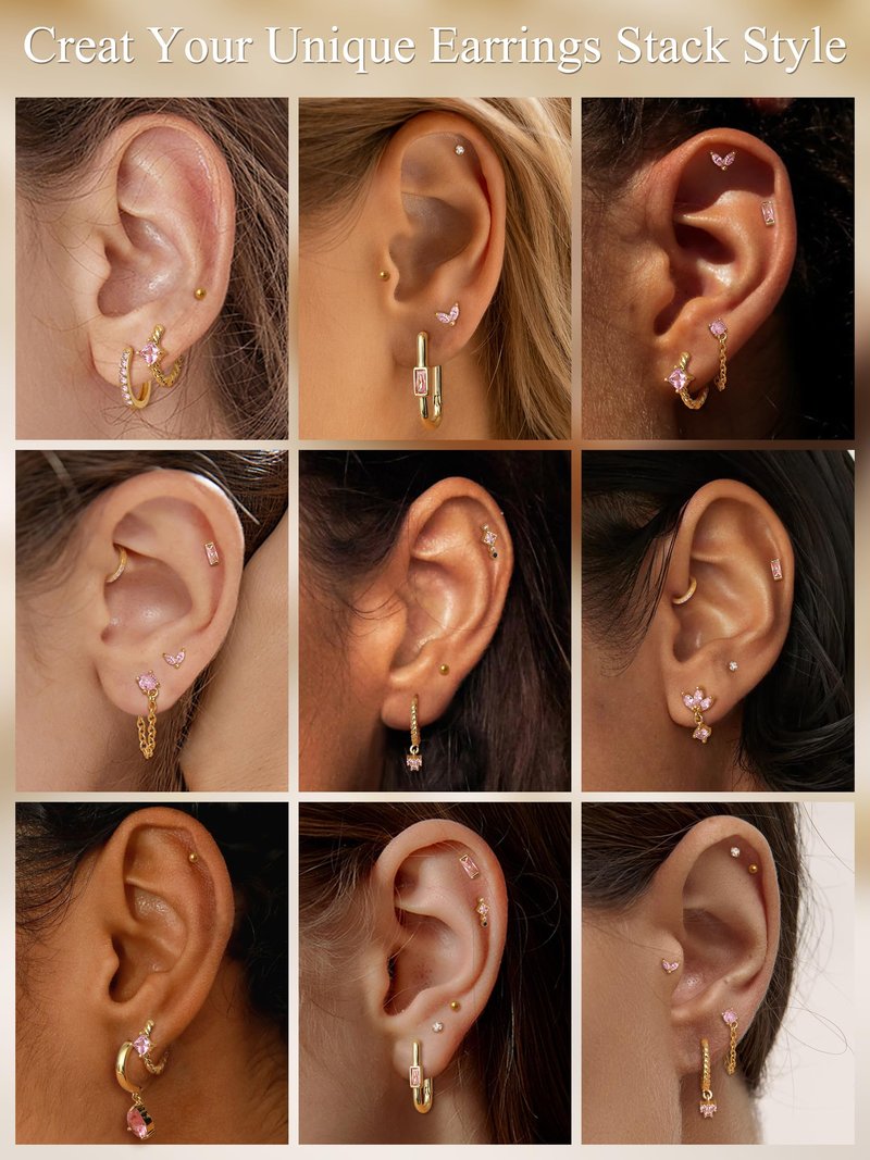 Sanfenly Stud Earrings Small Gold Hoop Earrings Set for Women Flat Back Earring Hypoallergenic Cartilage Earring Lightweight Dainty 14K Gold Stud Earrings for Multiple Piercing Set (Single 13 PCS)
