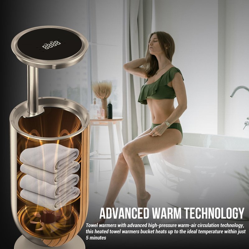 EZZINI 27L Large Towel Warmer Bucket Dryer – Rapid Heating with Automatic Lift Cover, Negative Ion Freshening, 4 Heat Settings & Aromatherapy – Perfect for Towels, Blankets & Bathrobes (Gold)