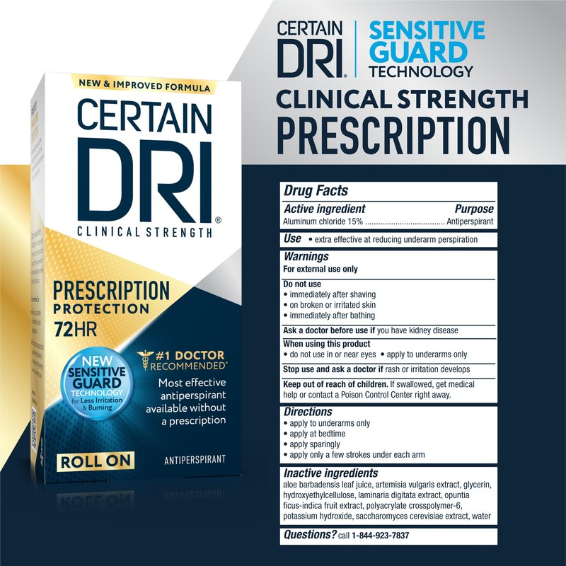 Certain Dri Prescription Strength Clinical Antiperspirant Roll-On - 72-Hour Sweat & Odor Protection for Excessive Sweating & Hyperhidrosis - 15% Aluminum Chloride - Fragrance-Free - 1.2 fl oz (3 Pack)