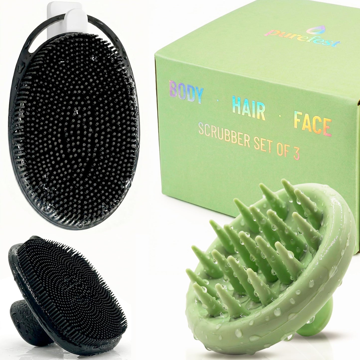 Purefest 3-in-1 Silicone Scrubber Set – Exfoliating Body Scrubber, Scalp Massager Shampoo Brush & Facial Cleansing Pad – Hygienic Shower Loofah Alternative for Men & Women (3 Pack)