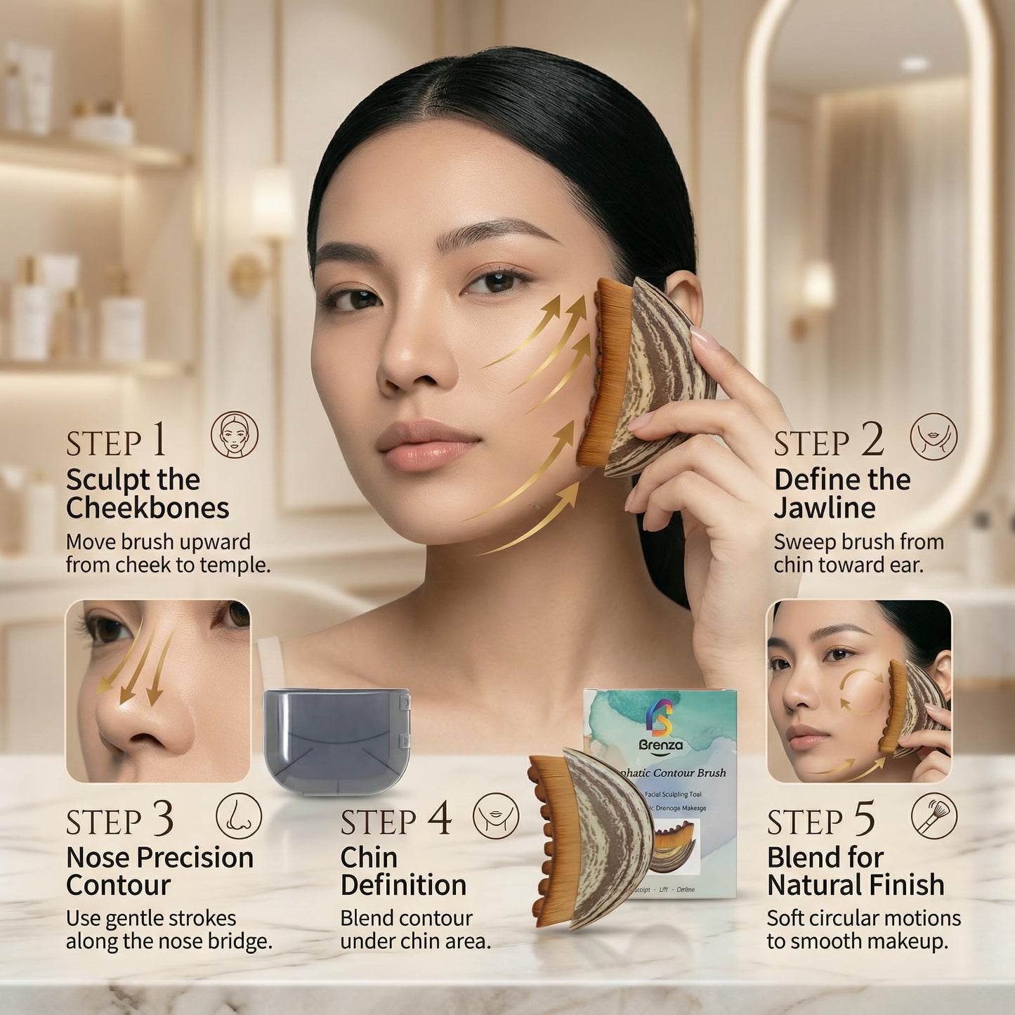 Brenza Lymphatic Contour Face Brush – Facial Sculpting Tool for Lymphatic Drainage & Depuffing, Face Massager for Jawline Definition, Facial Dry Brush Skincare Tool