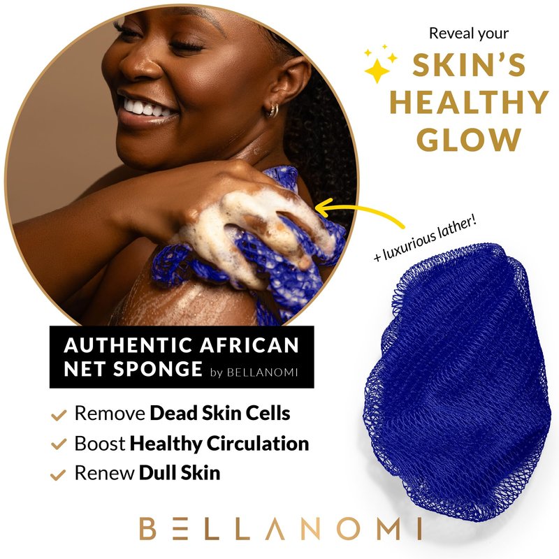 BELLANOMI 4 Piece African Exfoliating Net Sponge Long African Bath Sponge, Authentic Ethically Sourced from Nigeria, Great for Daily Use (Navy Blue, Baby Blue, Blush, Pink)