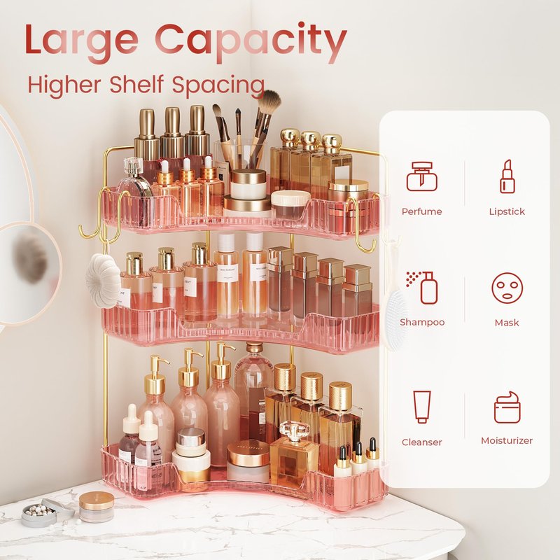 Kinkota Corner Bathroom Counter Organizer 3-Tier Bathroom Organizer Countertop with Hooks Perfume Organizers Storage Shelf for Makeup & Skincare Dresser-Pink