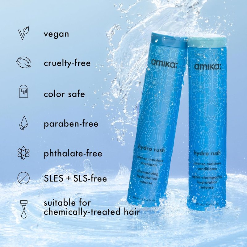 Amika Hydro Rush Intense Moisture Shampoo - Hyaluronic Acid Infused | Deep Hydration for Dry Hair