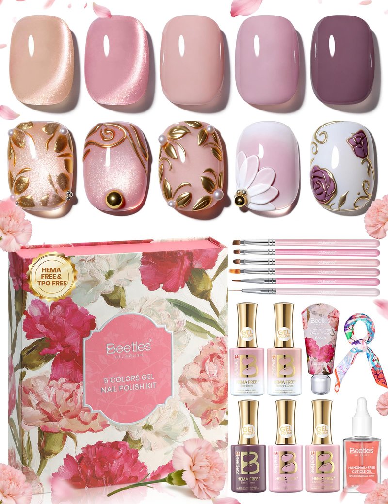 Beetles Gel Nail Polish Set - Refined Everyday 5 Colors Pink Purple Nude Cat Eye Gel Polish Kit, HEMA Free & TPO Free Soak Off UV LED Mother's Day Nail Gel Gifts Set for Women Mom