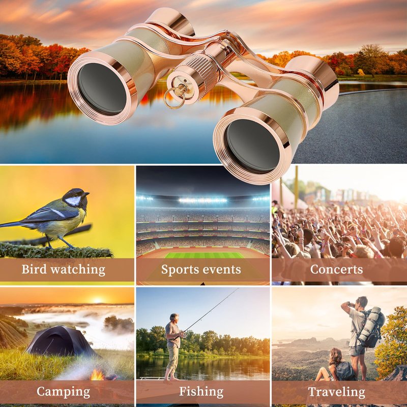 Scicalife Gold 3x25 Compact Binoculars for Adults – Pocket-Size Theater Glasses with Chain for Opera & Concerts, Foldable Travel Telescope for Bird Watching & Camping