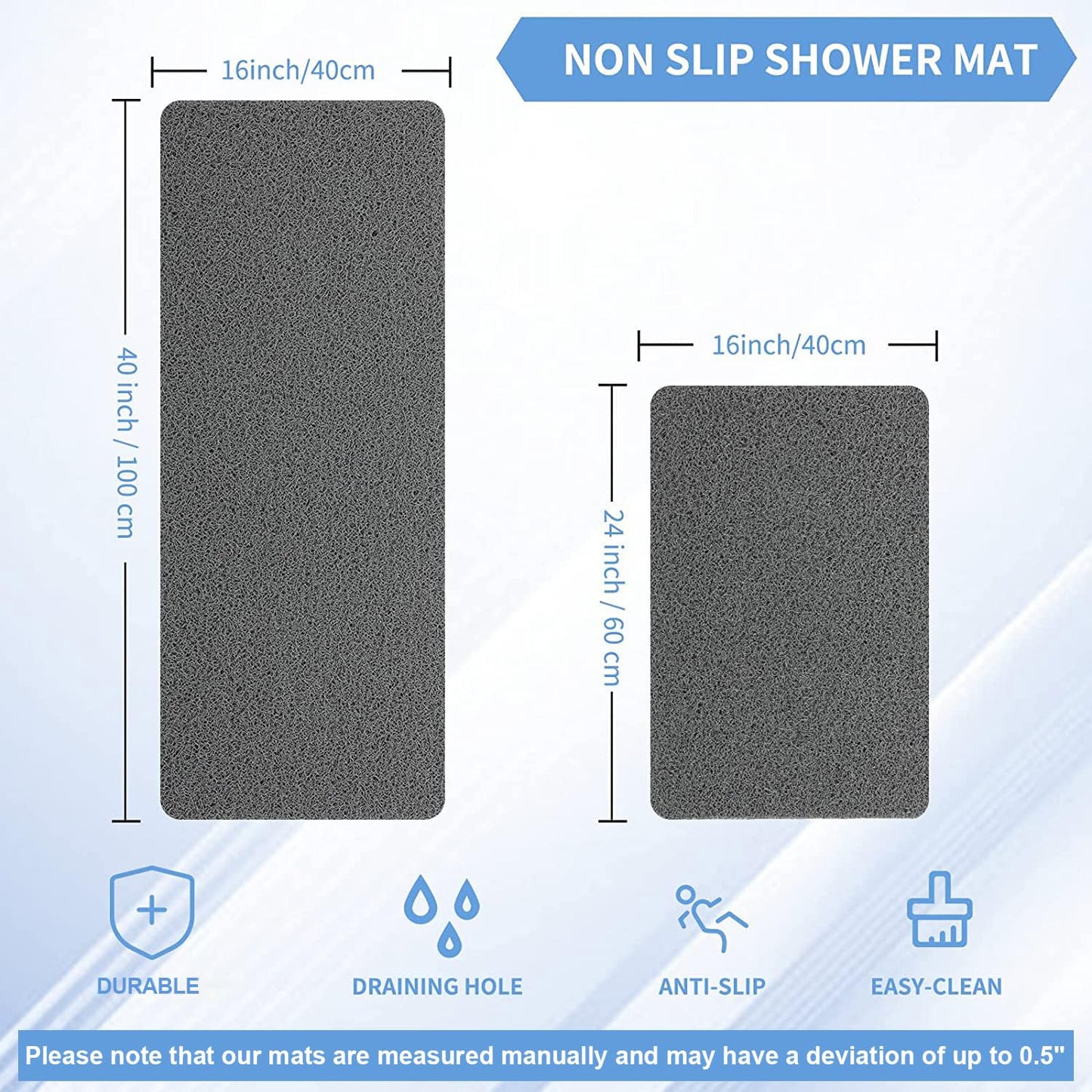 Hargiis Non-Slip Shower Mat Bathtub Mat for Bath Tub, Anti Slip Bath Tub Mat, Floor Mat, Soft PVC Loofah Bathroom Mats, Foot Scrubber Mat, Quick Drying Easy Cleaning Mats for Wet Areas (Grey 40"×16")