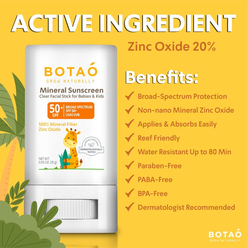Botao baby Mineral Sunscreen Stick 100% Zinc Oxide SPF 50+ Water Resistant UVA/UVB Protection Easy to Apply Fragrance Free, babies & kids, for sensetive skin, Unscented