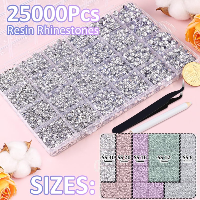 Skiennix 25000Pcs Resin Rhinestones - Clear Flatback Gems 2-6mm for DIY Craft Projects | Includes Glue